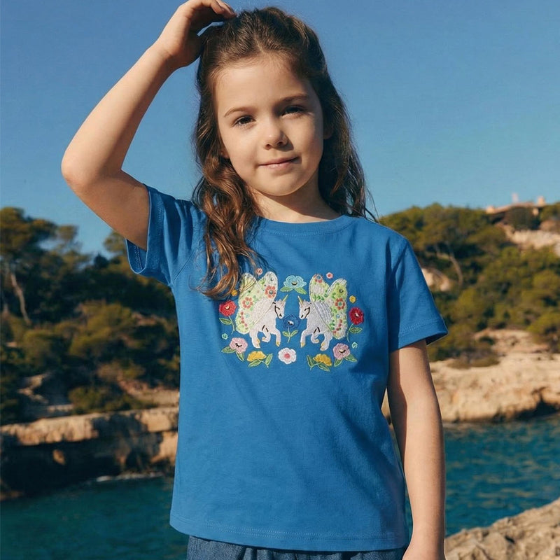 Girls Fashion Unicorn Embroidered Round-Neck T-Shirt