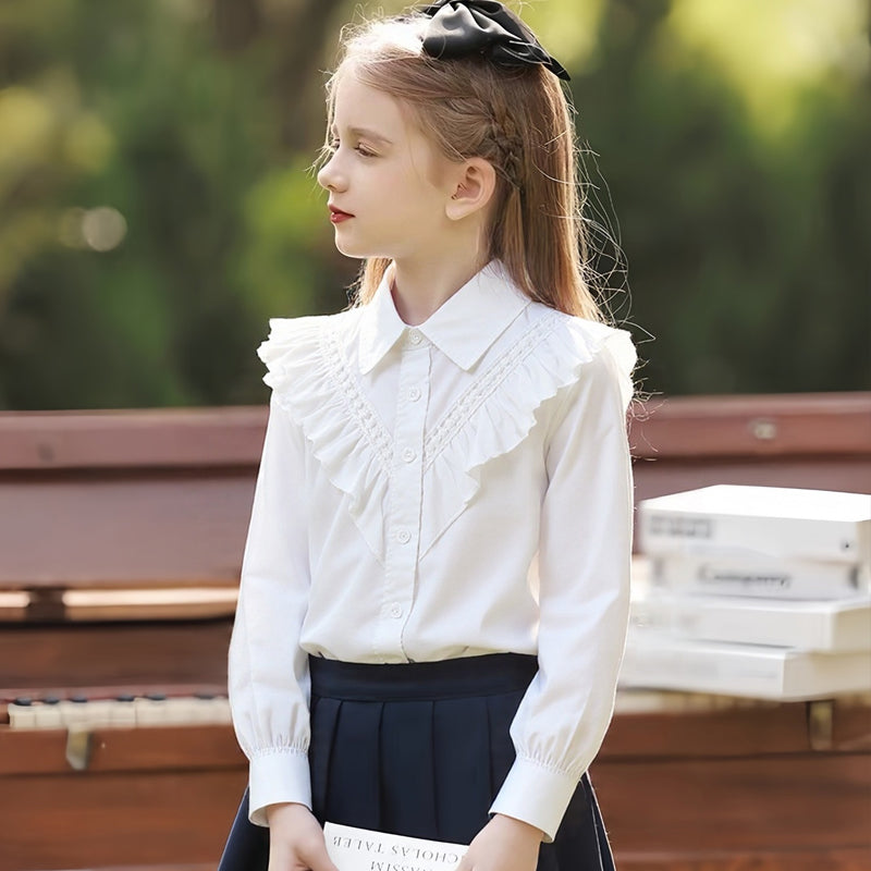White Cotton Long-Sleeved College-Style Childrens Blouse with Turnover Collar