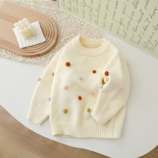 Childrens round-neck pullover sweater with colorful dots and long sleeves