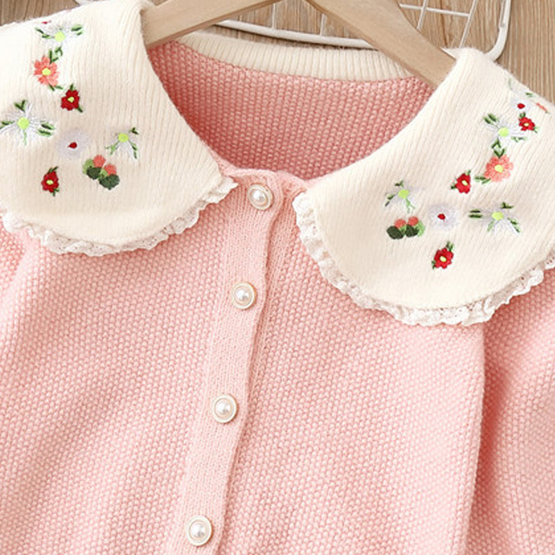 Turn-down collar embroidered baby girl coat sweater cardigan childrens knitted dress