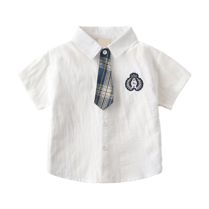 Childrens plaid shirt, baby white short-sleeved shirt