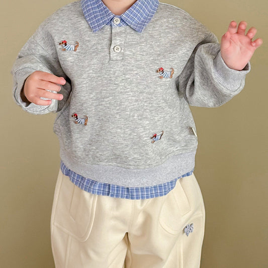 Cool baby boys stylish dog-themed sweater set, fake two-piece hoodie sweater