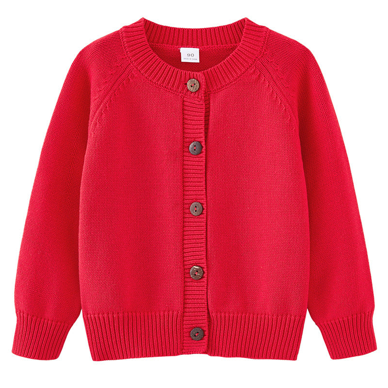 2026 Spring and Autumn Children's Clothing, Solid Color Round Neck Knitted Cardigan for Kids