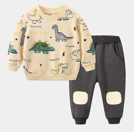 New children's cotton sportswear for students, loose and fashionable long-sleeve boys' set with cute and handsome small animal design