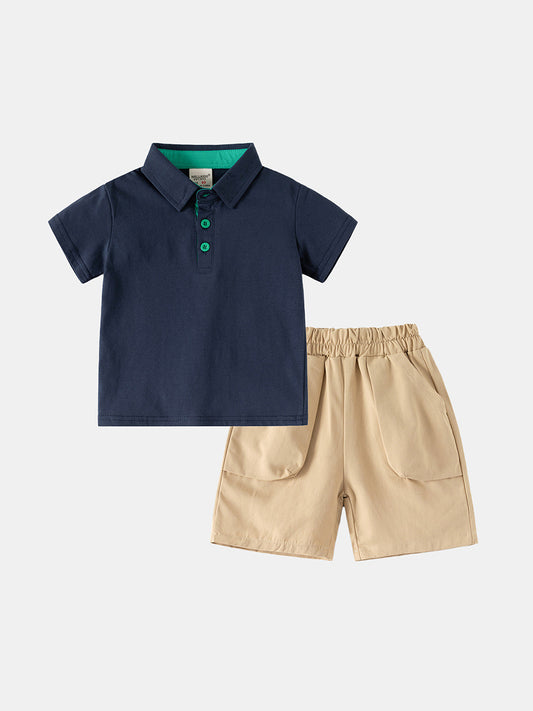 2026 New Children's Summer Set, Boys' Short Sleeve Polo Shirt & Cropped Pants Two-Piece Set, Baby Lapel Suit
