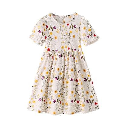Floral-print dress with round neckline, short sleeves, princess cut, 100% cotton dress
