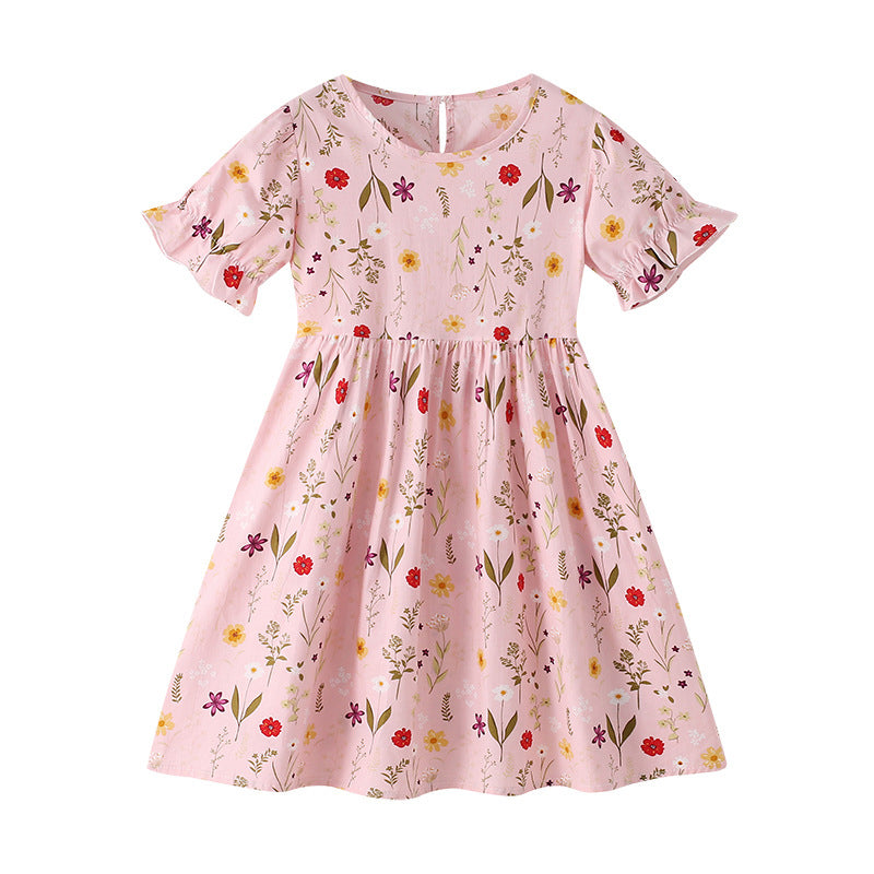 Floral-print dress with round neckline, short sleeves, princess cut, 100% cotton dress