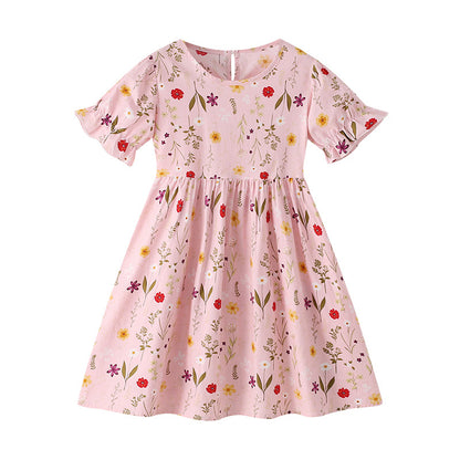 Floral-print dress with round neckline, short sleeves, princess cut, 100% cotton dress