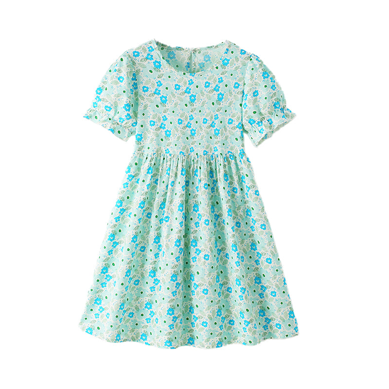 Floral-print dress with round neckline, short sleeves, princess cut, 100% cotton dress