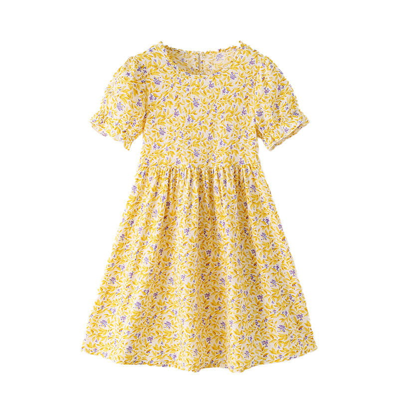 Floral-print dress with round neckline, short sleeves, princess cut, 100% cotton dress