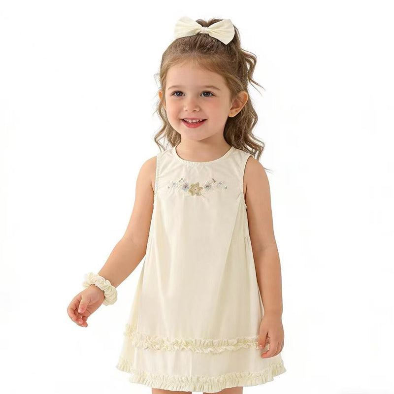 Cotton embroidered princess dress, stylish baby vest dress with sleeveless design