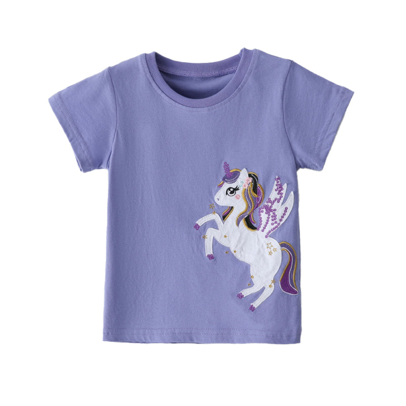 Unicorn Embroidered Sweatshirt, Knit Cotton Round Neck Pullover Tee for Girls