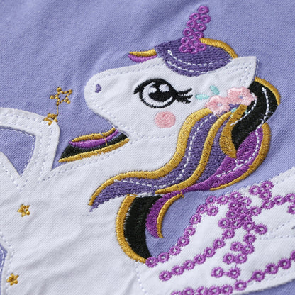 Unicorn Embroidered Sweatshirt, Knit Cotton Round Neck Pullover Tee for Girls