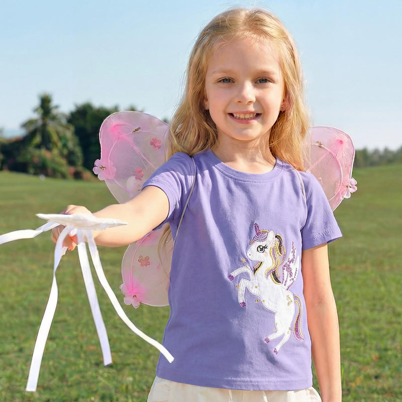 Unicorn Embroidered Sweatshirt, Knit Cotton Round Neck Pullover Tee for Girls