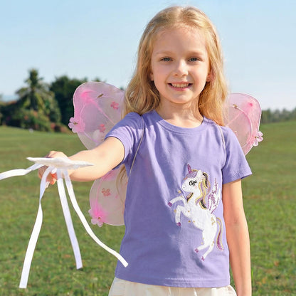 Unicorn Embroidered Sweatshirt, Knit Cotton Round Neck Pullover Tee for Girls