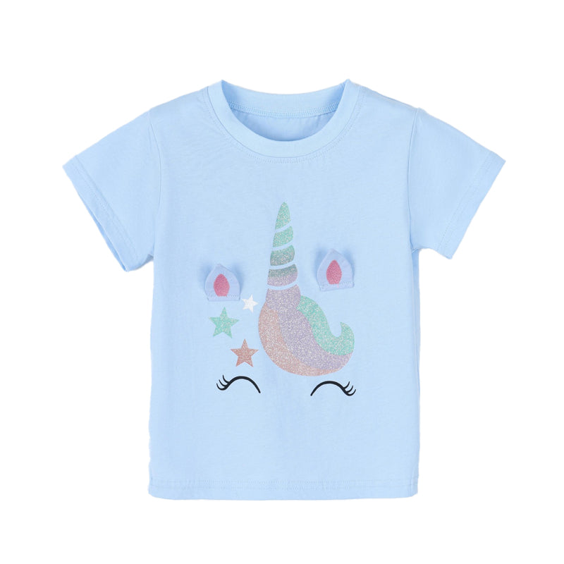 Fashionable Unicorn Print Children's Round Neck T-shirt