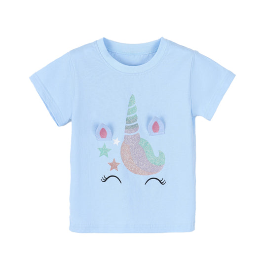 Fashionable Unicorn Print Children's Round Neck T-shirt