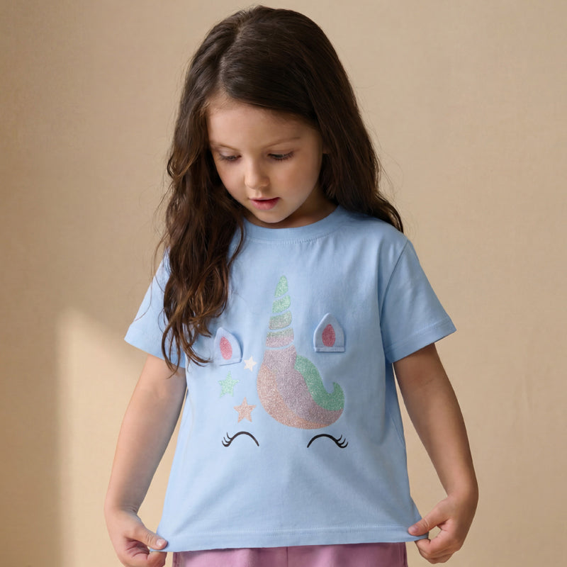 Fashionable Unicorn Print Children's Round Neck T-shirt