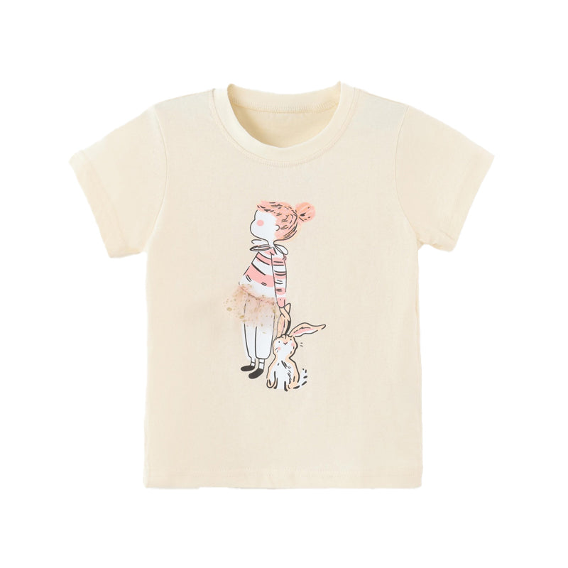 Fashionable three-dimensional sheer skirt with rabbit print, children's round-neck T-shirt