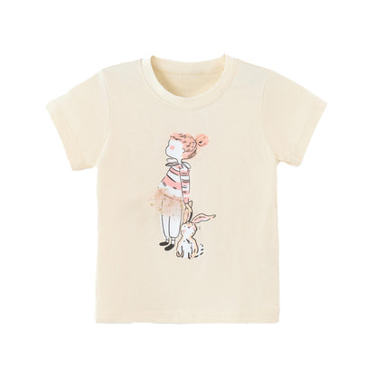Fashionable three-dimensional sheer skirt with rabbit print, children's round-neck T-shirt