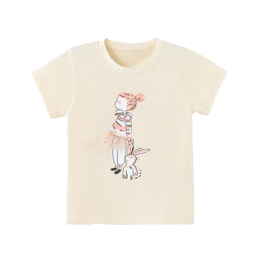Fashionable three-dimensional sheer skirt with rabbit print, children's round-neck T-shirt