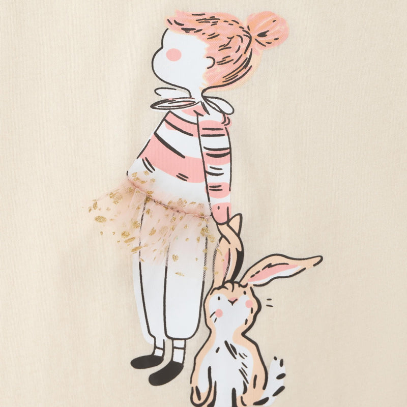 Fashionable three-dimensional sheer skirt with rabbit print, children's round-neck T-shirt