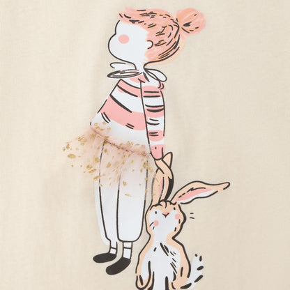 Fashionable three-dimensional sheer skirt with rabbit print, children's round-neck T-shirt