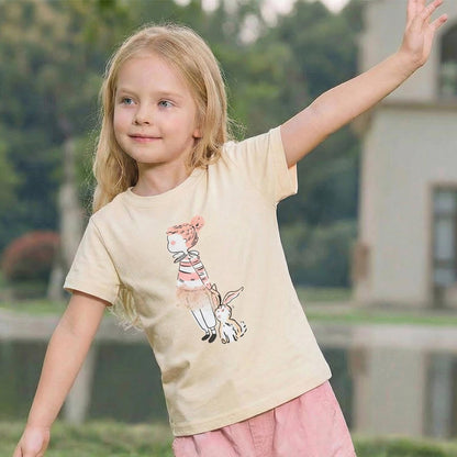 Fashionable three-dimensional sheer skirt with rabbit print, children's round-neck T-shirt