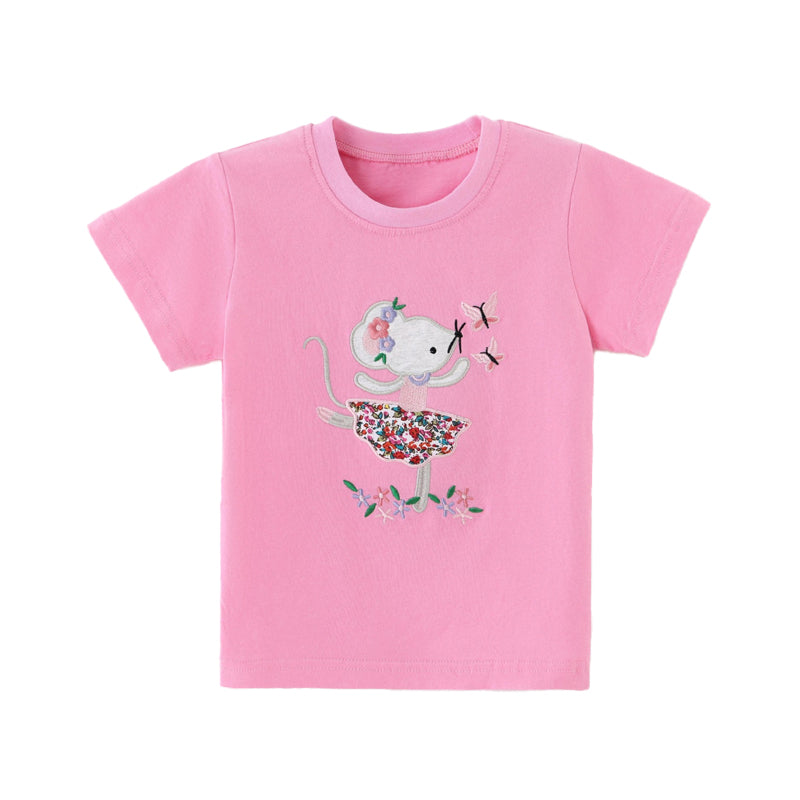 Fashionable Ballet Mouse Embroidered Children's Round Neck T-shirt