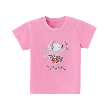 Fashionable Ballet Mouse Embroidered Children's Round Neck T-shirt