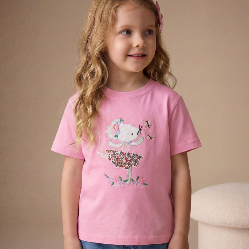 Fashionable Ballet Mouse Embroidered Children's Round Neck T-shirt