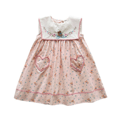Little Bear Embroidered Navy Lapel Girls Dress