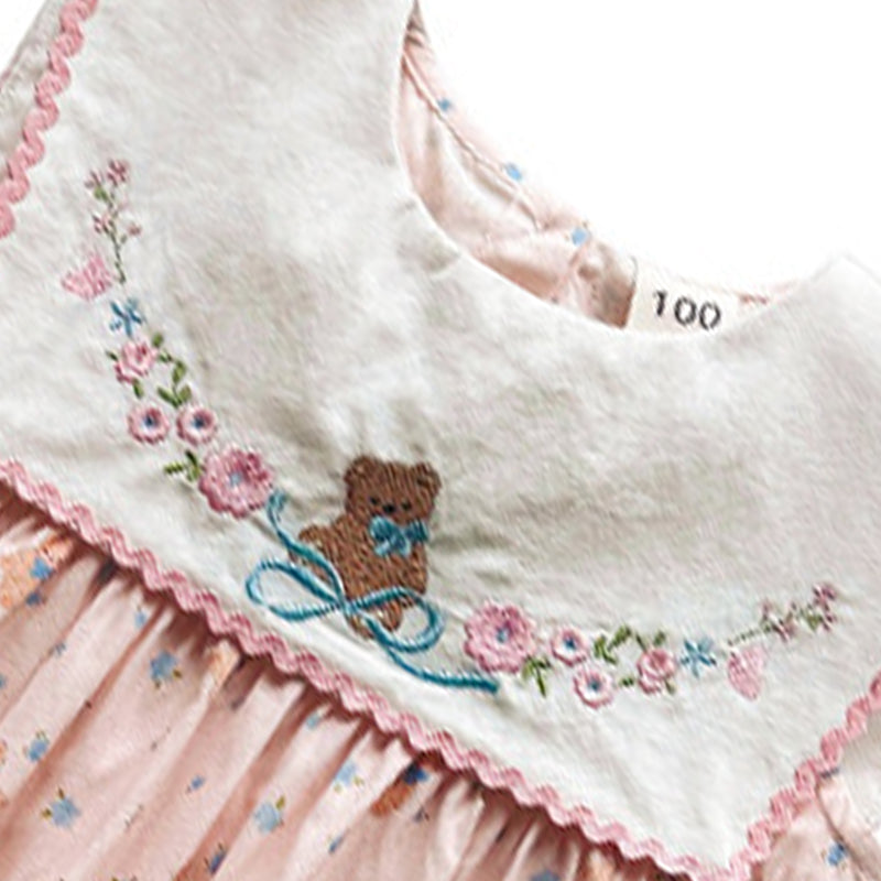 Little Bear Embroidered Navy Lapel Girls Dress