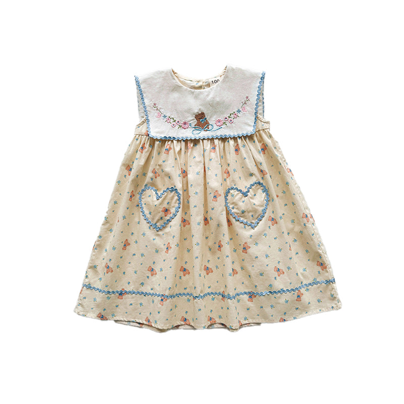 Little Bear Embroidered Navy Lapel Girls Dress