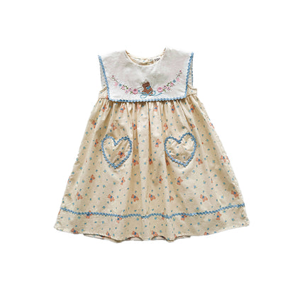 Little Bear Embroidered Navy Lapel Girls Dress
