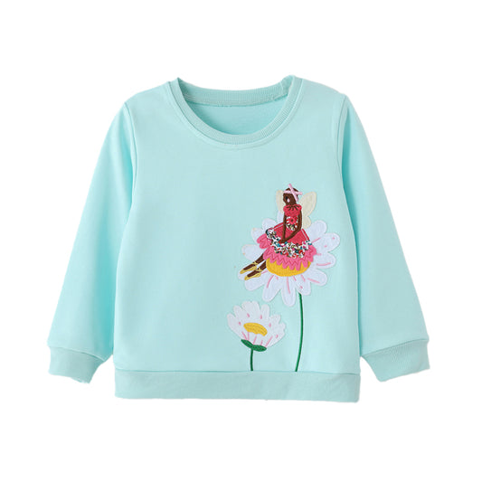 Girls Embroidered Round-Neck Short-Sleeved Knit Cotton Sweatshirt for Children