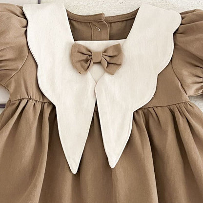 Baby girl dress with short sleeves and retro college style neckline