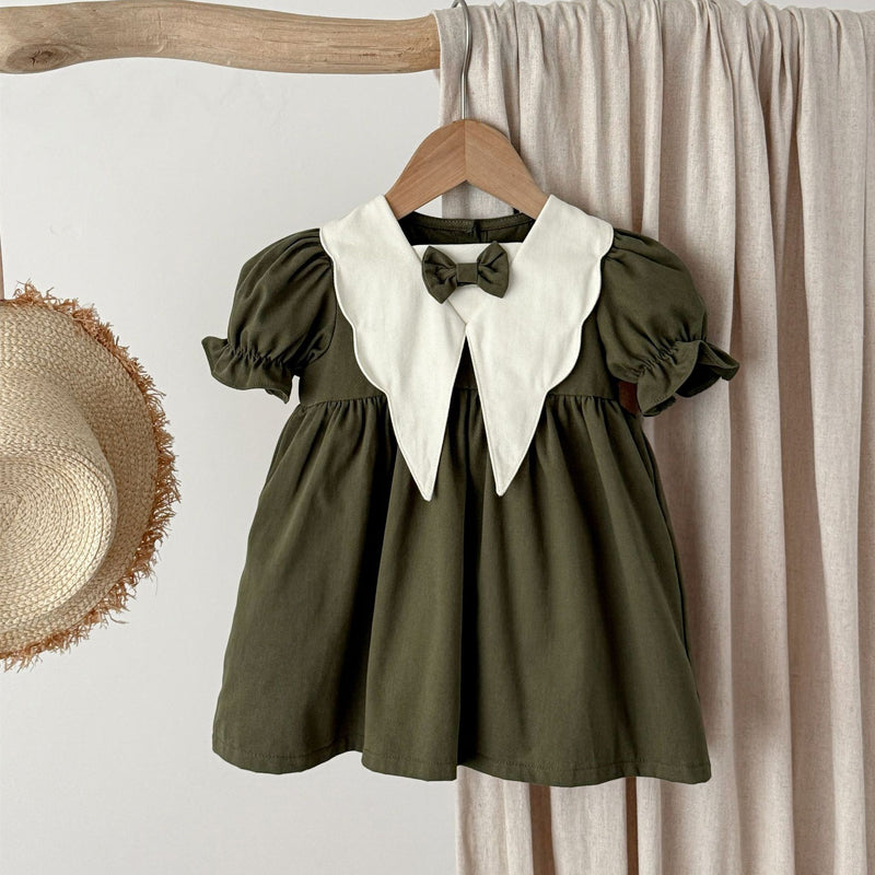Baby girl dress with short sleeves and retro college style neckline