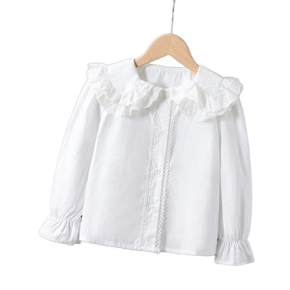 Childrens long-sleeved cotton shirt, college-style blouse, white shirt