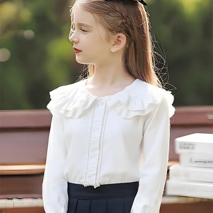 Childrens long-sleeved cotton shirt, college-style blouse, white shirt