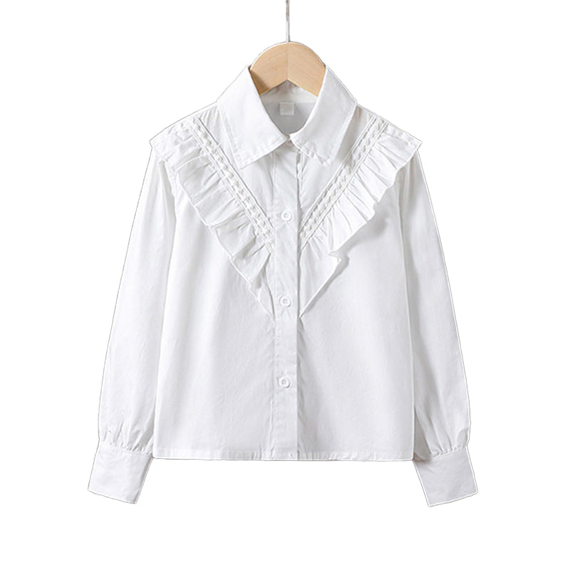 White Cotton Long-Sleeved College-Style Childrens Blouse with Turnover Collar