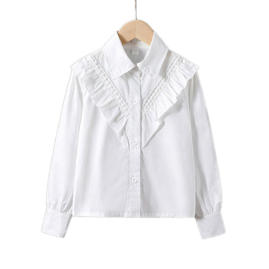 White Cotton Long-Sleeved College-Style Childrens Blouse with Turnover Collar