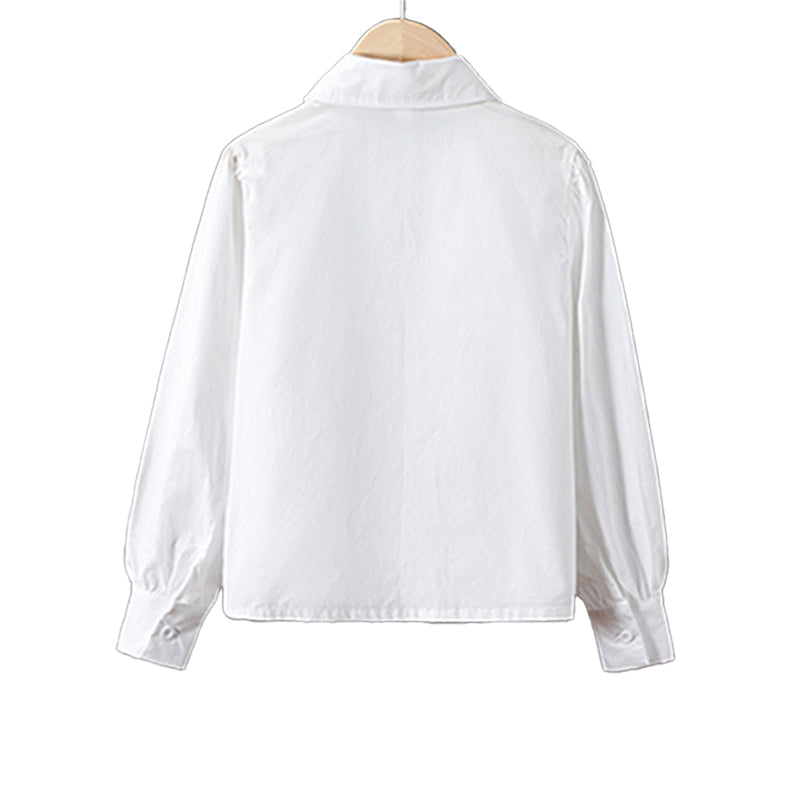 White Cotton Long-Sleeved College-Style Childrens Blouse with Turnover Collar