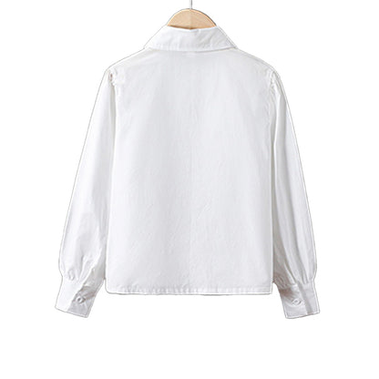 White Cotton Long-Sleeved College-Style Childrens Blouse with Turnover Collar
