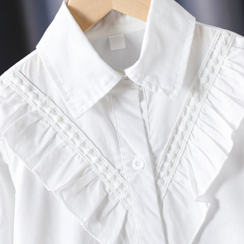 White Cotton Long-Sleeved College-Style Childrens Blouse with Turnover Collar
