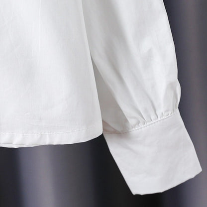 White Cotton Long-Sleeved College-Style Childrens Blouse with Turnover Collar