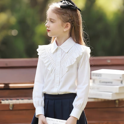 White Cotton Long-Sleeved College-Style Childrens Blouse with Turnover Collar