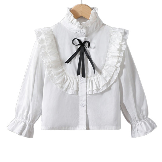 Pure cotton stand-collar lace-style, fashionable and stylish princess dress shirt for girls with long sleeves
