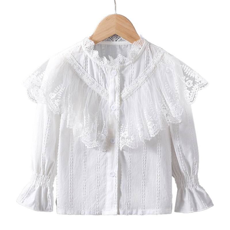 Pure cotton mesh lace small collar stylish doll shirt, high-quality long-sleeved blouse for girls