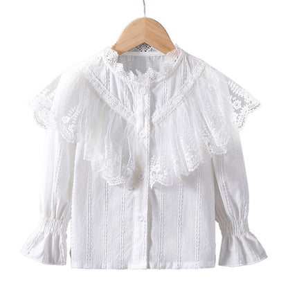 Pure cotton mesh lace small collar stylish doll shirt, high-quality long-sleeved blouse for girls